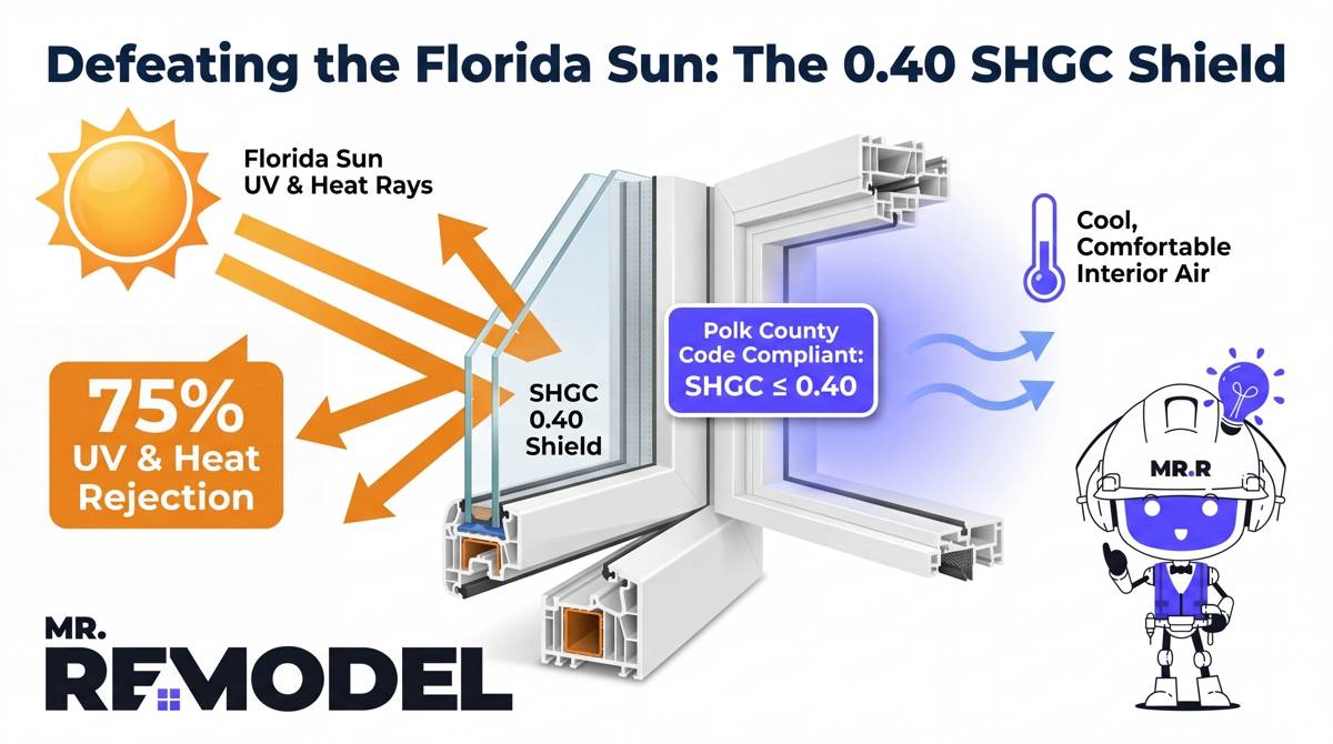 A technical diagram illustrating how Florida-compliant windows with a Solar Heat Gain Coefficient of 0.40 or less block heat and protect home interiors from UV fading.